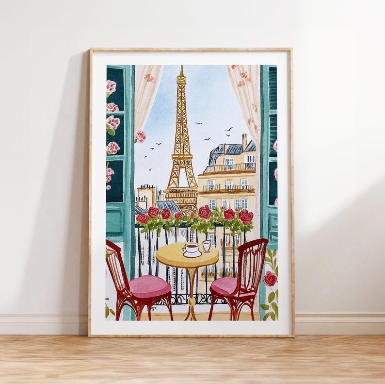 May include: Watercolor painting of a Parisian balcony scene with the Eiffel Tower in the background. The artwork features a small table with two chairs, a cup of coffee, and a view of the city. Red roses adorn the balcony.