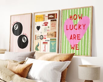 Trendy Wall Art Set of 3 – Lucky 8 Ball Print, Retro Matchbook Art, How Lucky Are We Poster, Eclectic Gallery Wall, Dopamine Decor