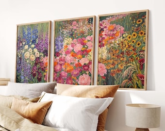 Set of 3 Botanical Flower Landscape Wall Art, Colorful Wildflower Field Prints, Floral Living Room or Bedroom Decor, Physical