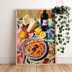 Stampa artistica da parete con pasta e vino, poster retrò per la tavola, decorazione estetica per cucina o sala da pranzo, illustrazione artistica da parete di cibo italiano