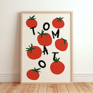 May include: A white background with the word "TOMATO" spelled out in black letters. The letters are surrounded by red tomatoes with green stems.