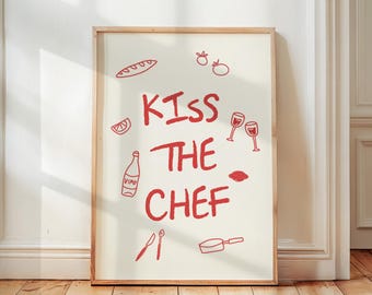 Kiss The Chef Print, Trendy Kitchen Wall Art, Mid Century Modern Poster