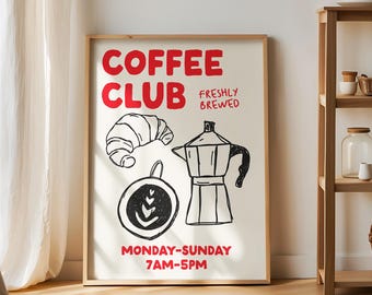 Retro Coffee Club Poster, Modern Kitchen Art, Italian Caffe Print, Kitchen Decor, Aesthetic Home Wall Art, Coffee Bar Decor, Espresso Poster