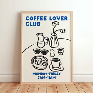 Coffee Lover Club Poster, Breakfast Poster, Retro Coffee Print, Trendy Kitchen Wall Art, Food Sketch Art, Coffee Lover, Apartment Decor