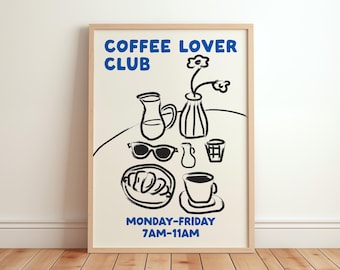 Coffee Lover Club Poster, Breakfast Poster, Retro Coffee Print, Trendy Kitchen Wall Art, Food Sketch Art, Coffee Lover, Apartment Decor