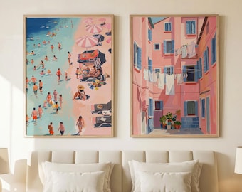 Mediterranean Wall Art Set of 2, Coastal Beach and Italian Street Prints, Pink Summer Wall Decor, European Travel Art, Bedroom Wall Art