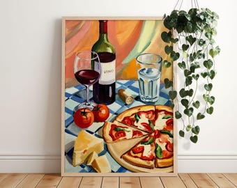 Pizza and Wine Wall Art Print, Retro Dinner Table Poster, Aesthetic Kitchen or Dining Room Decor, Italian Food Illustration Wall Art