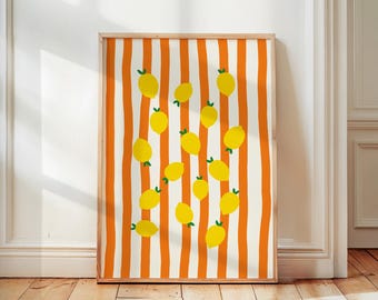 Lemons Fruit Print, Modern Kitchen Wall Art, Fruit Market Illustration, Summer Vibes Poster, Positano Lemons, Striped Home Dining Room Decor