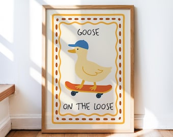 Goose On The Loose Print, Skateboarding Duck Print, Nursery Decor, Child Room Wall Art, Boho Playroom Art, Quirky Retro Cottage Core Decor