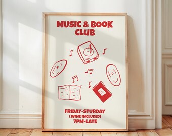 Music & Book Club Poster, Aesthetic Home Decor, Retro Wall Art, Reading Corner Decor, Mid Century Modern Art, Vinyl Record Art, Music Print