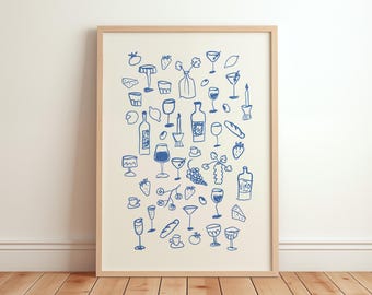 May include: A blue and white illustration of various wine glasses, bottles, and other related items, including grapes, lemons, and strawberries. The illustration is on a white background and is framed in a light wood frame.