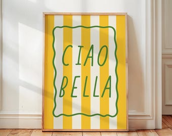 Ciao Bella Italian Wall Art Print, Retro Kitchen Decor, Yellow Striped Typography Poster, Mediterranean Home Decor, Physical