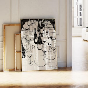 Dinerfeestposter, retro wijnkunst, keukendecor, moderne eetkamer muurkunst, barwagen decor, illustratie wijnflessen, servies print