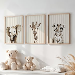 Animals Nursery Wall Art, Set Of 3, Baby Room Decor, Gender Neutral Nursery, Giraffe, Elephant, Tiger, Animal Prints, Playroom Decor