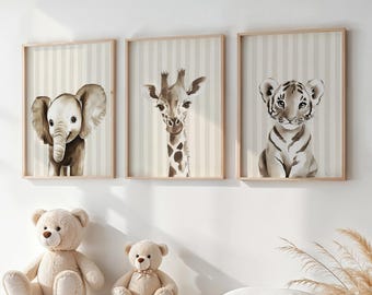 Animals Nursery Wall Art, Set Of 3, Baby Room Decor, Gender Neutral Nursery, Giraffe, Elephant, Tiger, Animal Prints, Playroom Decor