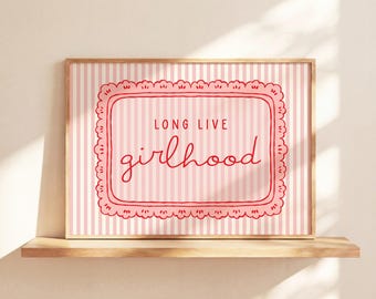 Long Live Girlhood Pink & Red Nursery Print, Striped Girl Room Wall Art, Vintage Retro Kid Room Decor, Boho Cottage Core Nursery Print