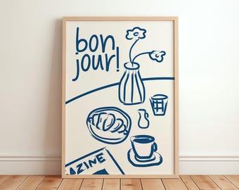 Bonjour Poster, French Breakfast Print, Retro Food Art Print, Croissant and Coffee, Aesthetic Kitchen Wall Art Decor, Gallery Wall Inspo
