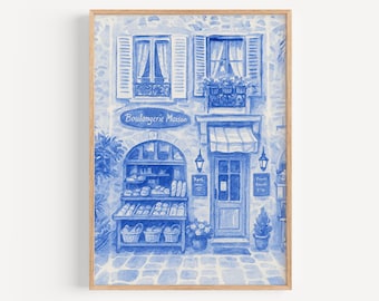 Blue Watercolor Paris Print, Cottage Core Decor, Paris Travel Art, Home Wall Art, French Chateau Art, Grandmillennial Art, Boulangerie Decor