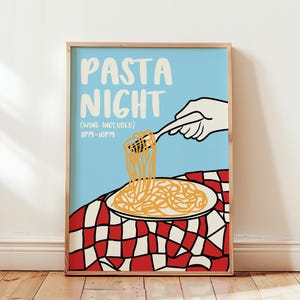 Poster Pasta Night, stampa di cibo italiano retrò, arredamento moderno per cucina di spaghetti, regalo per gli amanti della pasta, arte murale di metà secolo, stampa di cibo pop art
