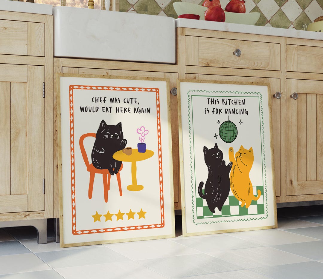 black cat chef art print: boho kitchen cooking poster... Cat Prints Set of 2, Funky Kitchen Wall Art, Chef Was Cute, Kitchen is ...