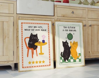 Cat prints Set of 2, Funky Kitchen Wall Art, Chef Was Cute, Kitchen is for Dancing Posters, Fun Dining Room Decor, Hand Drawn Black Cat Art