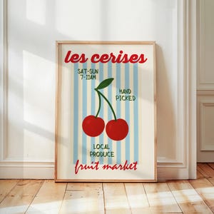 Cherry Art Print, retro moderne keuken kunst aan de muur, Les Cerises Franse print, illustratie fruitmarkt, trendy woondecoratie, kleurrijke kunstafdruk