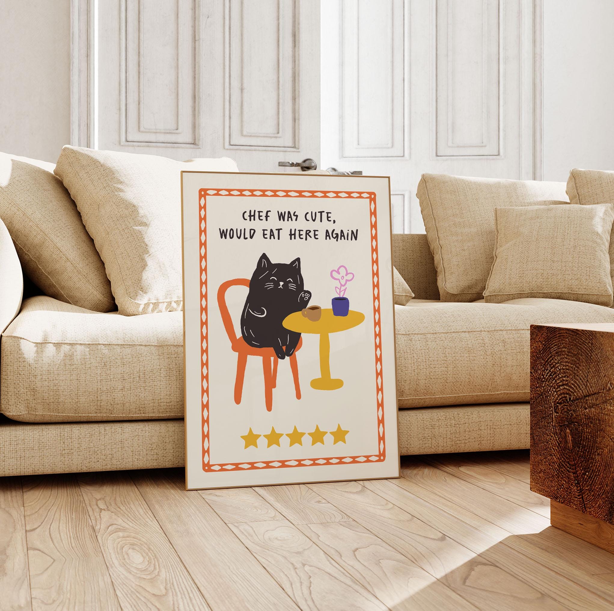 black cat chef art print: boho kitchen cooking poster... Black Cat Art Print, Funny Kitchen Decor, Chef Was Cute Poster, Cute ...