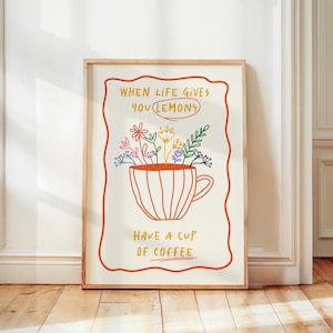 Retro Coffee Print, Coffee Poster, Maximalist Kitchen Print, Kitchen Decor, Aesthetic Apartment Wall Art, Trendy Floral Cup of Coffee Print