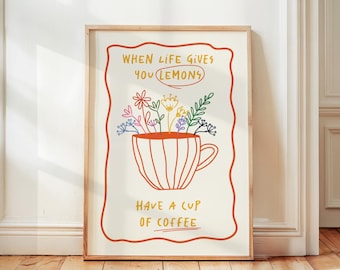 Retro Coffee Print, Coffee Poster, Maximalist Kitchen Print, Kitchen Decor, Aesthetic Apartment Wall Art, Trendy Floral Cup of Coffee Print
