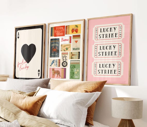 Set Of 3 Trendy Prints, Feeling Lucky, Retro Matchbook Wall Art, Lucky Strike Ticket Prints, Vintage Home Wall Art, Aesthetic Preppy Decor
