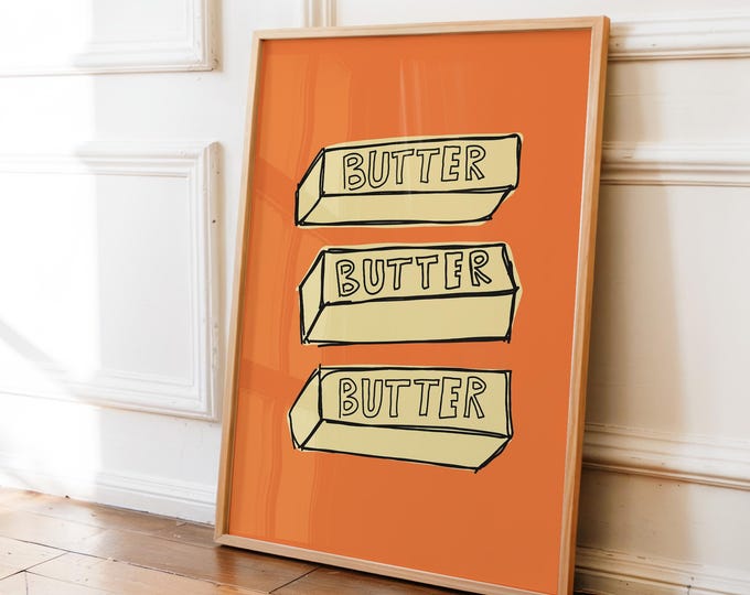 Butter Art Print, Cute Pop Art Food Illustration, Kitchen Decor, Retro Food Poster, Aesthetic Apartment Wall Art, Butter Sticks Wall Art
