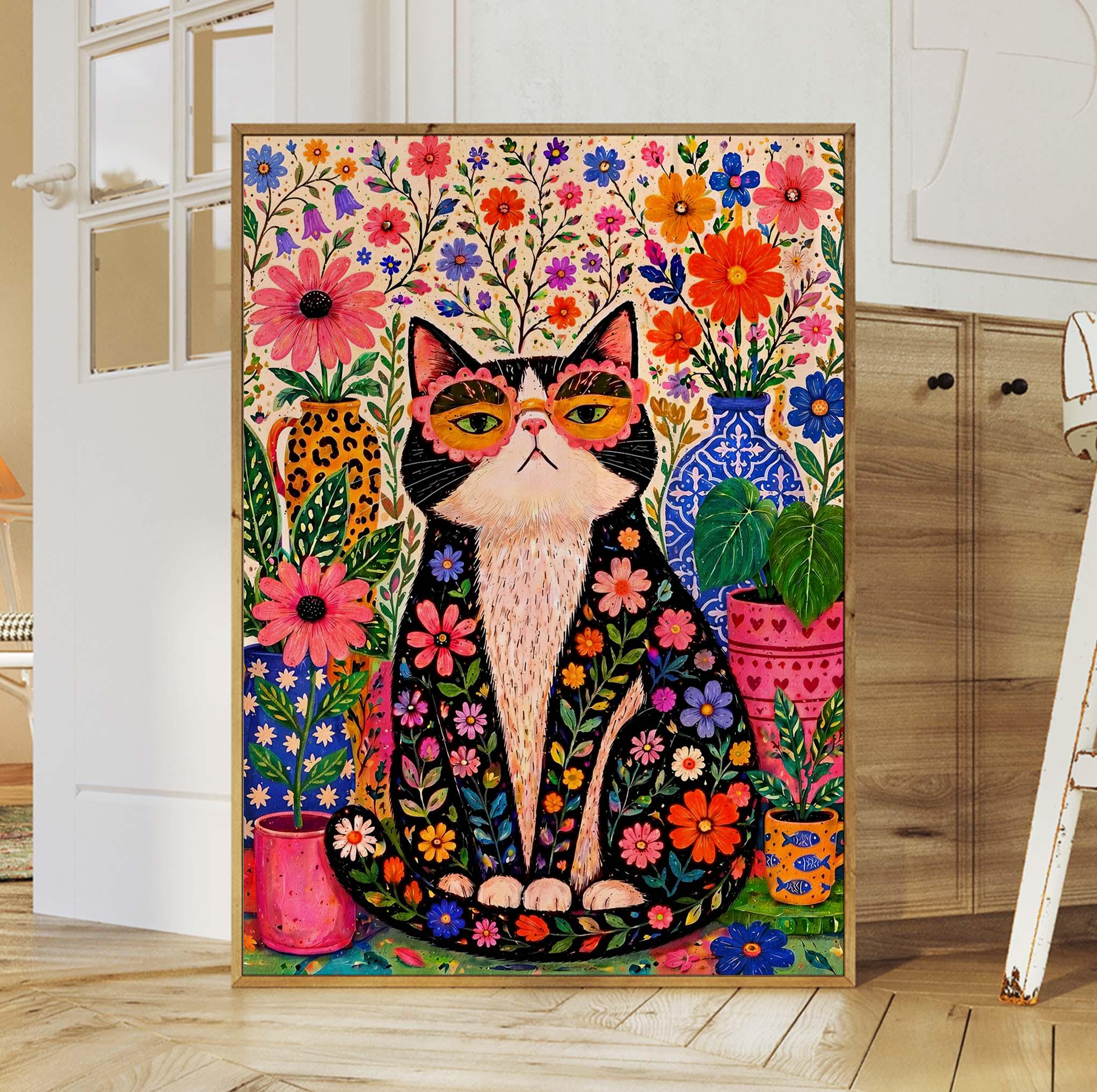 Colorful Mid Century Cat Wall Art Print, Whimsical Floral Cat Poster ...