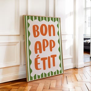 Stampa "Bon Appetit Kitchen", Arte da cucina colorata, Poster con tipografia retrò, Stampa con frase francese, Decorazione estetica per la casa, Arte gastronomica, Arte da cucina