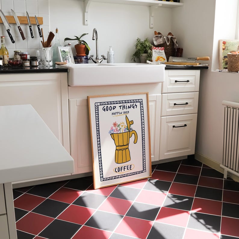 Retro Moka Poster, Blumen italienischer Kaffeedruck, Kaffeebar Wandkunst, trendiges Küchendekor, Kaffeeliebhaber, ästhetische Wohnung Wandkunst Bild 2