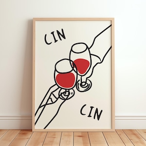 Modny nadruk Cin Cin, nadruk artystyczny na wózek barowy, plakat dla miłośników wina, nadruk w stylu Mid Century Modern, dekoracja ścienna do kuchni w mieszkaniu, nadruk koktajlowy Cheers