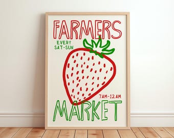 Farmers Market Print, Modern Kitchen Wall Art, Fruit Market Illustration, Summer Vibes Poster, Home Decor, Cottagecore Aesthetic Poster
