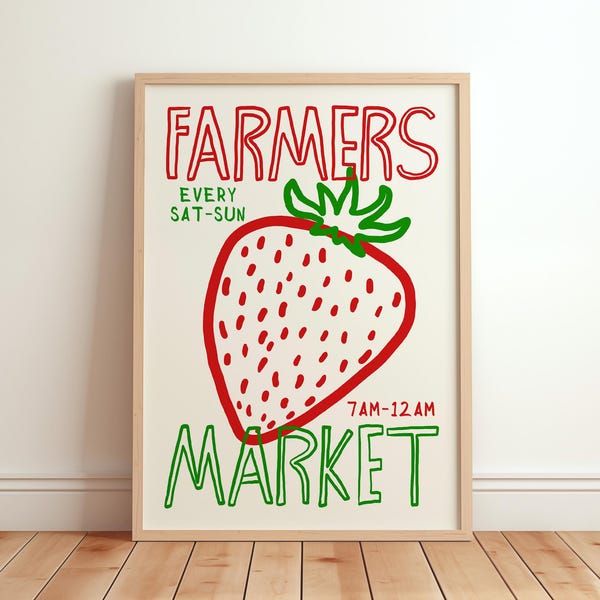Farmers Market Print, Modern Kitchen Wall Art, Fruit Market Illustration, Summer Vibes Poster, Home Decor, Cottagecore Aesthetic Poster