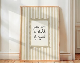 Child Of God Print, Christian Wall Art for Kids Room, Striped Nursery Print, Neutral Bible Quote Poster, Faith Scripture for Baby Playroom