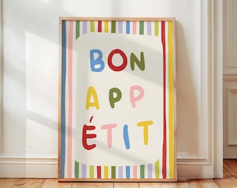 Bon Appetit Wall Art, French Kitchen Print, Colorful Quote Typography Poster, Playful Kitchen Decor