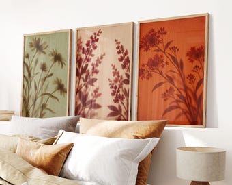 Botanical Shadow Wall Art Set of 3, Floral Silhouette Prints, Sage Green Orange Plant Shadow Posters, Minimalist Nature Home Decor