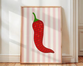 Disco Ball Chili Pepper Print, Retro Kitchen Wall Art