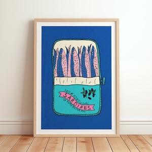 Retro Sardines Tin Art Print, Fish Can Food Art, Maximalist Kitchen Gallery Decor, Vintage Foodie Gift, Trendy Mediterranean Seafood Print