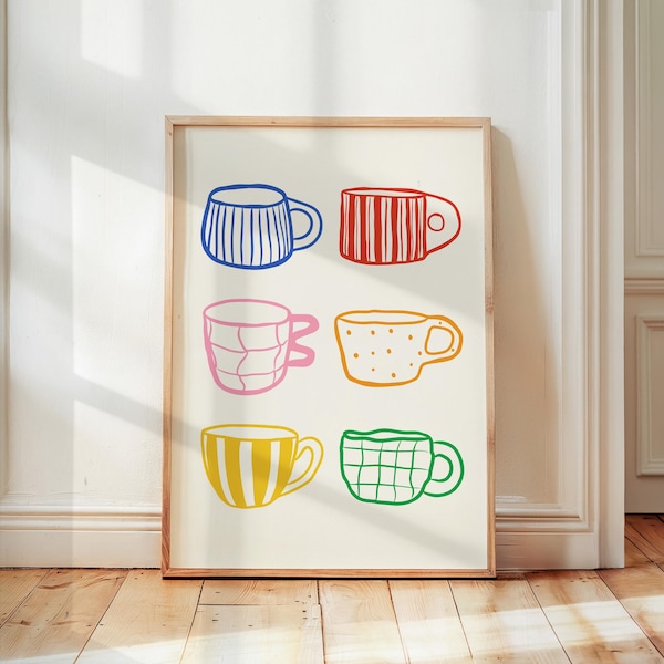 Colorful Coffee Cups Art Print, Funky Kitchen Decor, Mugs Wall Art, Playful Coffee Lover Gift, Coffee Bar Decor, Cute Home Wall Art