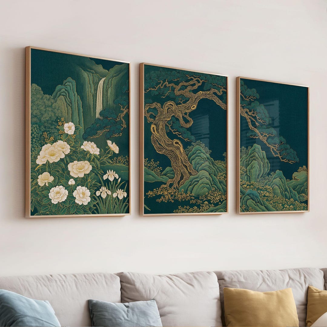 Asian Botanical Landscape Wall Art Set of 3, Japanese Trees Emerald ...