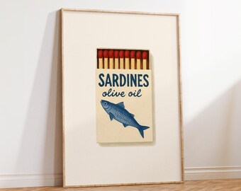 Sardines Matchbox Print, Retro Coastal Dining Room Wall Art