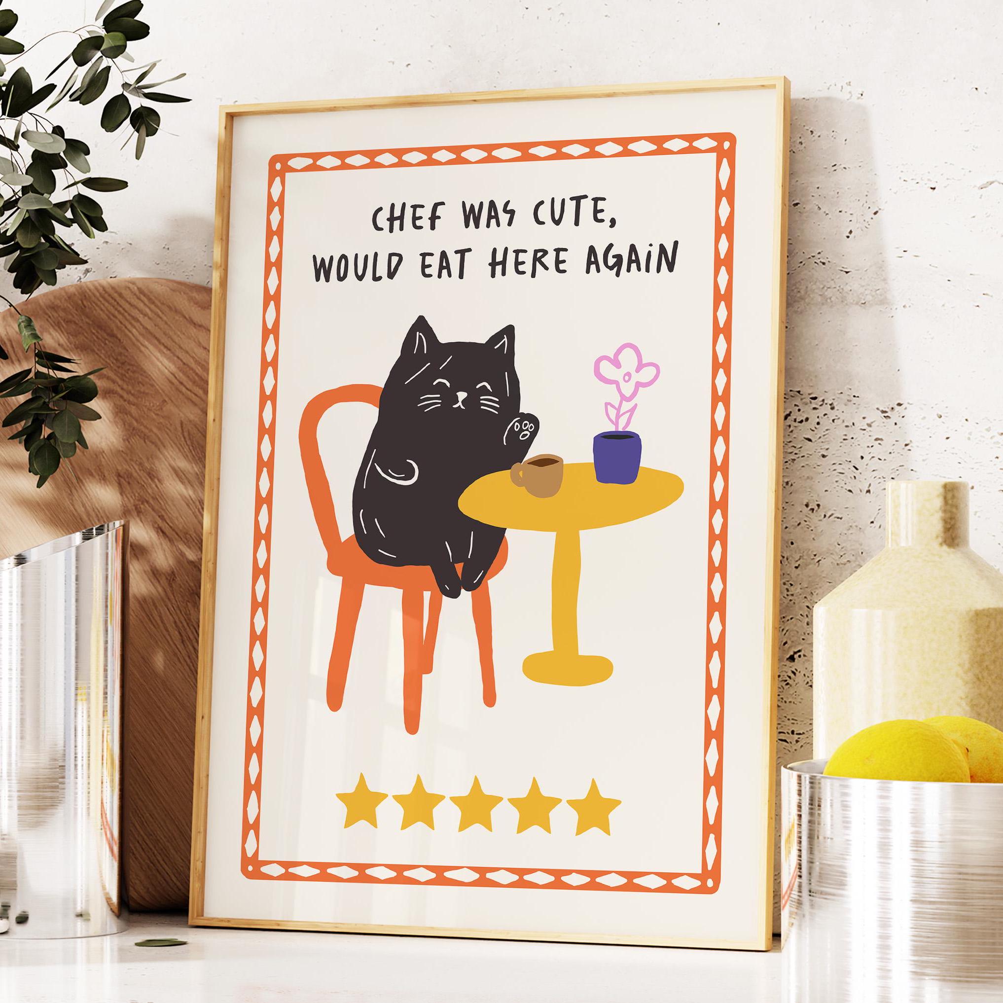 black cat chef art print: boho kitchen cooking poster... Black Cat Art Print, Funny Kitchen Decor, Chef Was Cute Poster, Cute ...