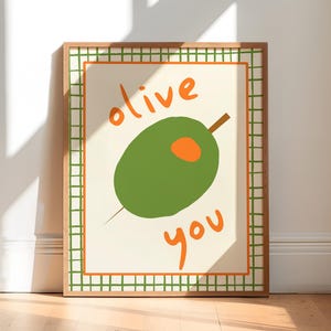 Olive You-poster, trendy keukenmuurkunst, schattige retro etensprint, eetkamerdecoratie, esthetische interieurinspiratie, maximalistische galerijmuur