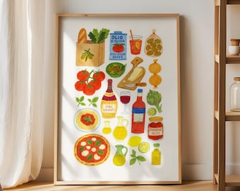 Italian Kitchen Art Print, Vibrant Italian Groceries Print, Retro Farmhouse Kitchen Wall Art, Food Poster, Fruit Market, Dining Room Decor