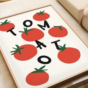 May include: A white framed print with the word "TOMATO" spelled out in black letters. Red tomato illustrations are placed around the letters.
