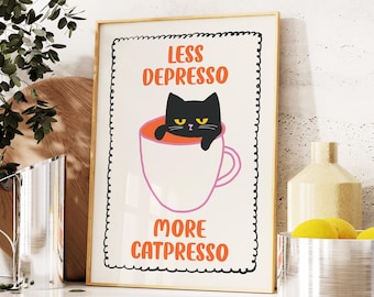 Rolig kattväggkonst, retro kaffeposter, trendig köksinredning, estetisk lägenhetsväggkonst, kaffebartryck, espressoposter, handritad